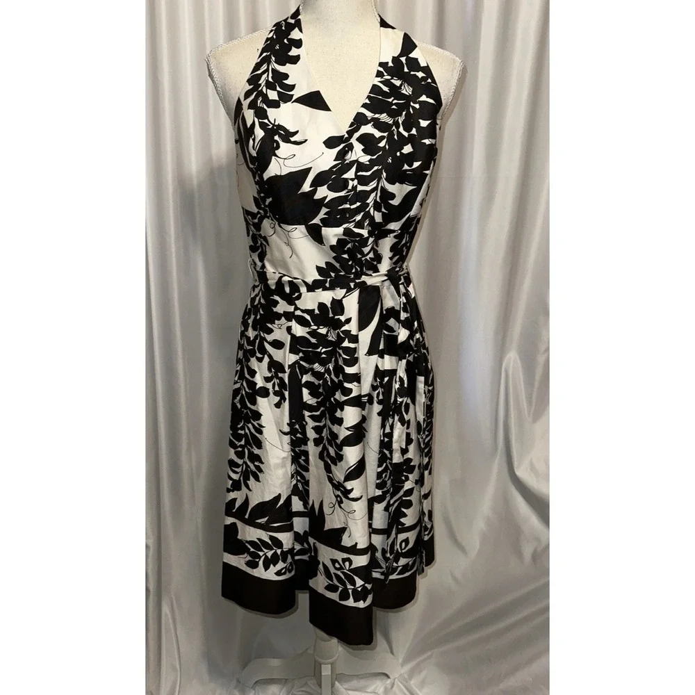 White House Black Market Dress Womens Size 8 Halter Summer Lined Leaf Black Whit - Picture 5 of 11